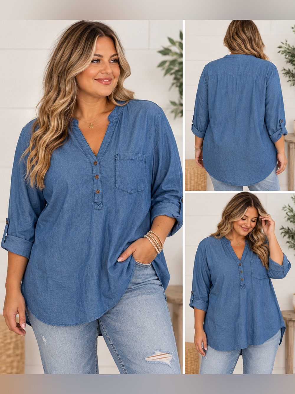 Mileage plus size Women's Denim Tunic Top Long Sleeve Button Down Pocket size 3X